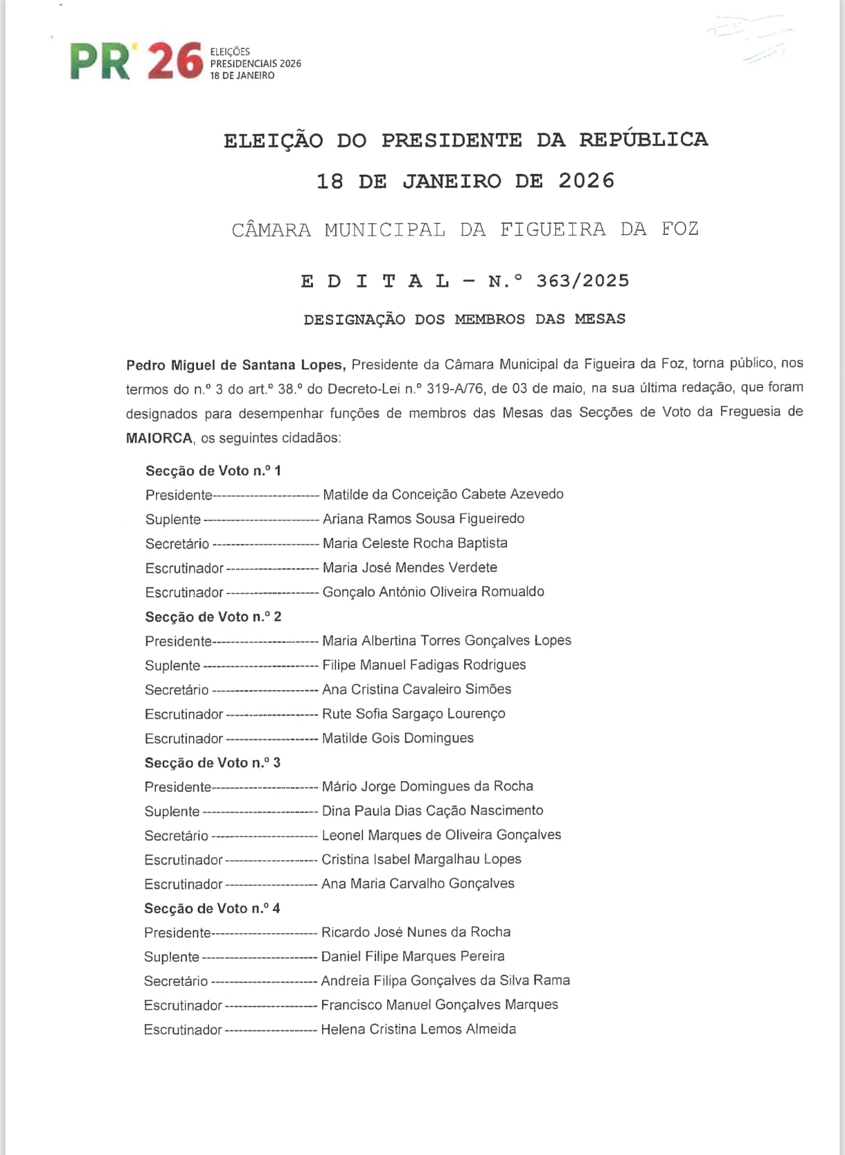 Notícia Edital n.º 363/2025 - Eleição do Presidente da República - Designação dos Membros da Mesas