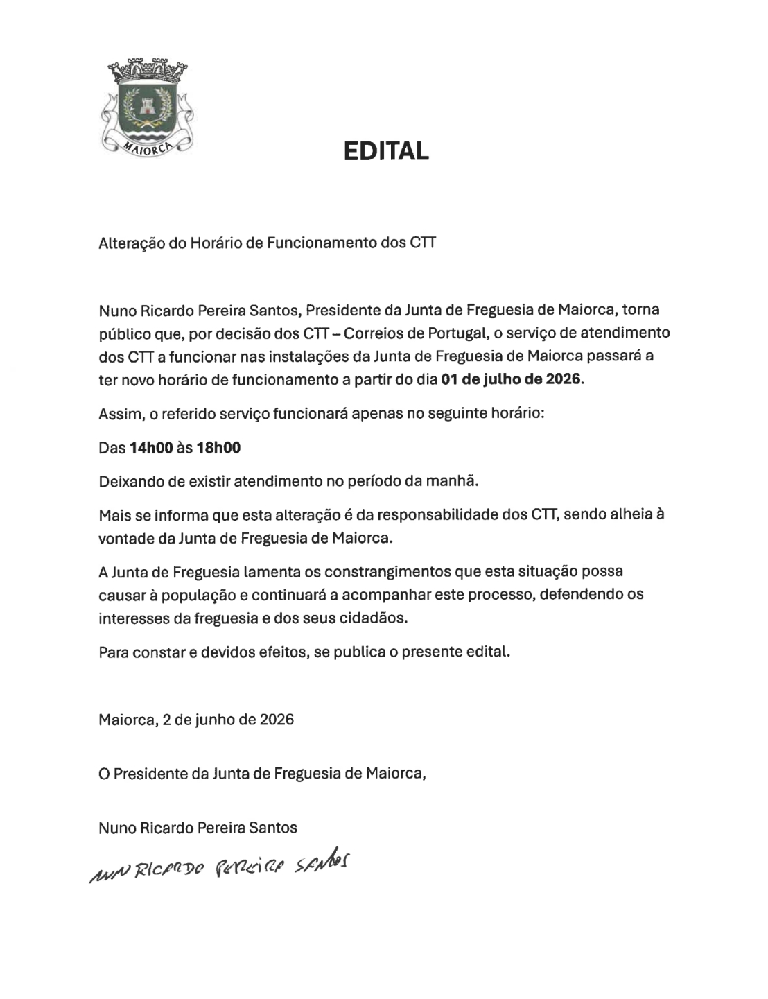 Notícia Edital - Alteração de horário de funcionamento dos CTT